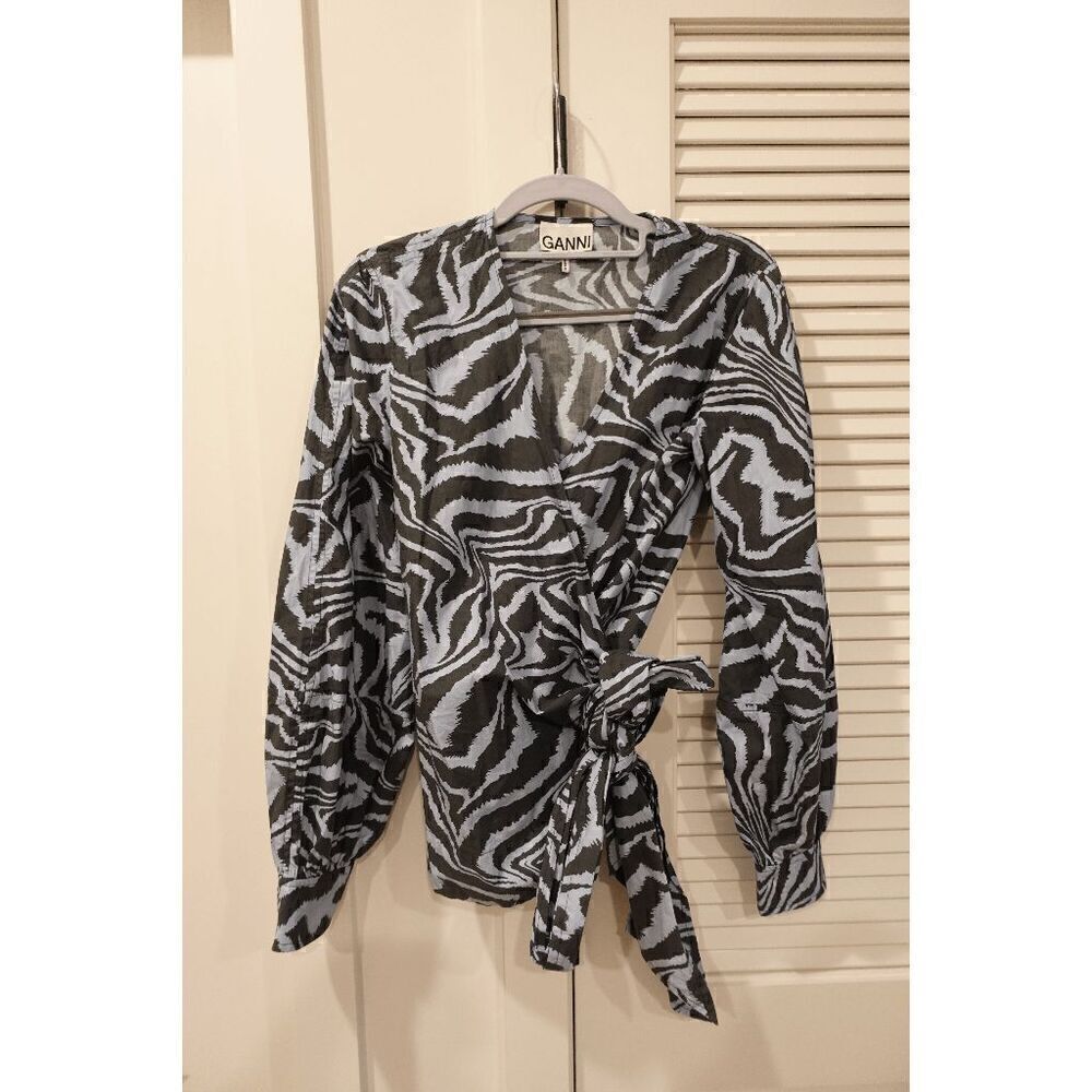 GANNI Printed Cotton Poplin Top In Forever Blue Size 36 - Picture 3 of 12